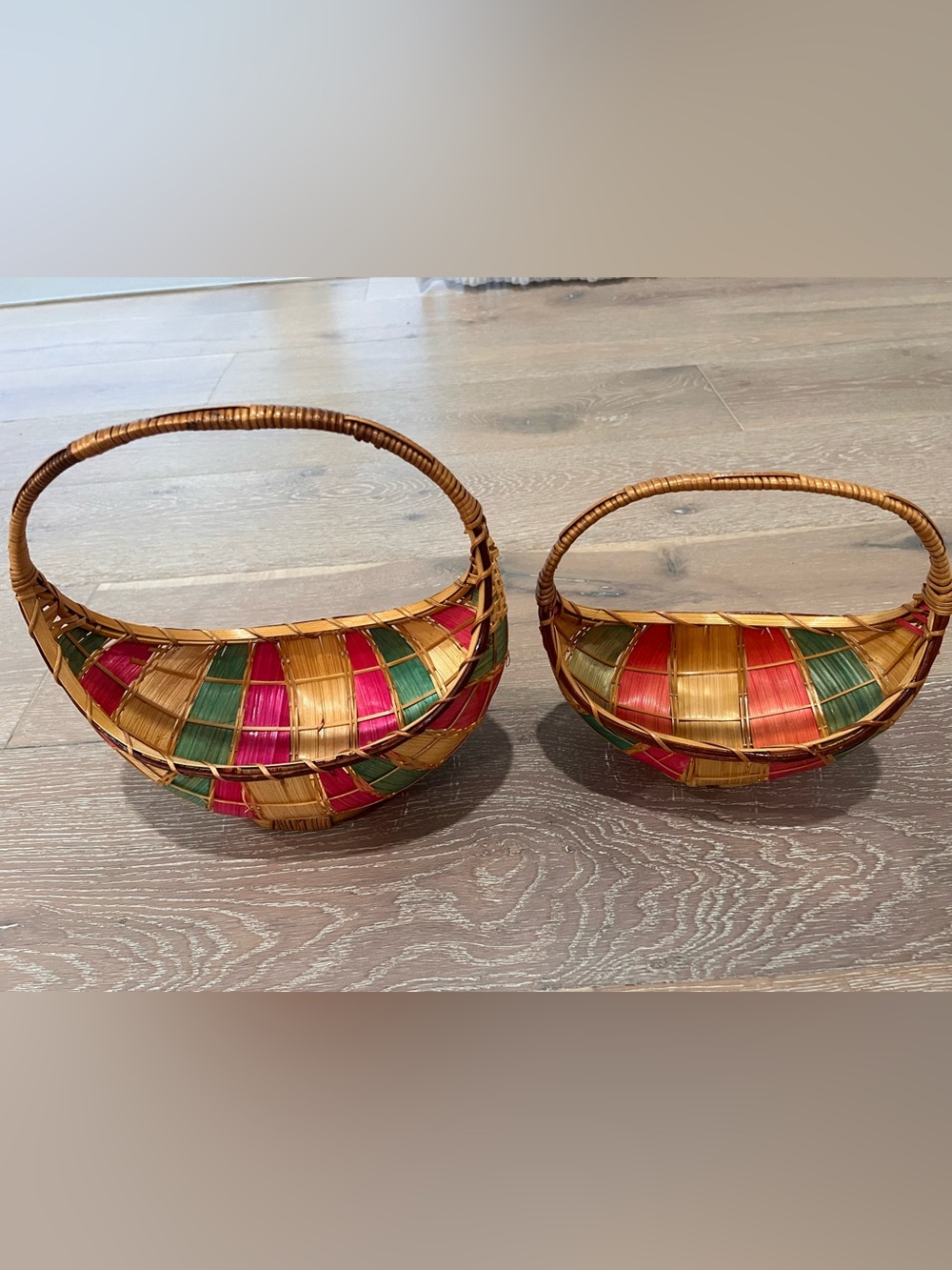 vintage baskets two crescent-shaped, hand-woven baskets adorned colored band